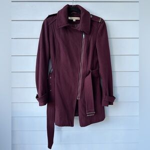 Maroon Kenneth Cole Asymmetrical Zipper Belted Trench Coat